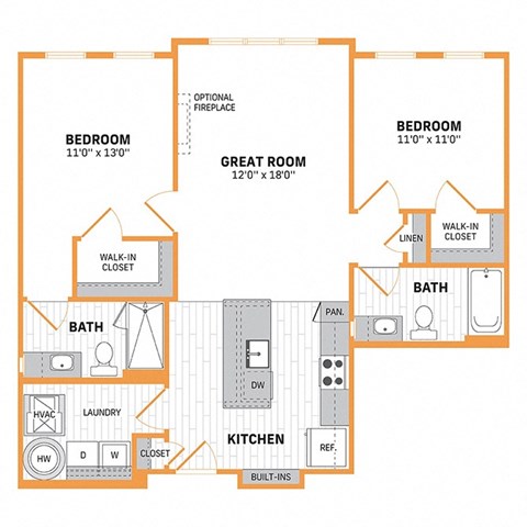 Floor plan for 2 beds, 2 baths, 1036 sqft